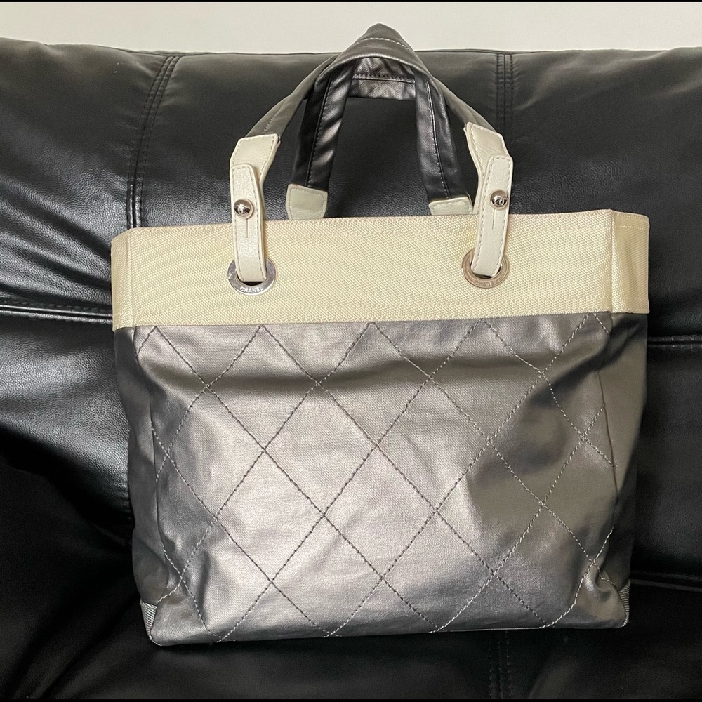 Authentic Chanel Paris Biarritz Tote Bag canvas gray